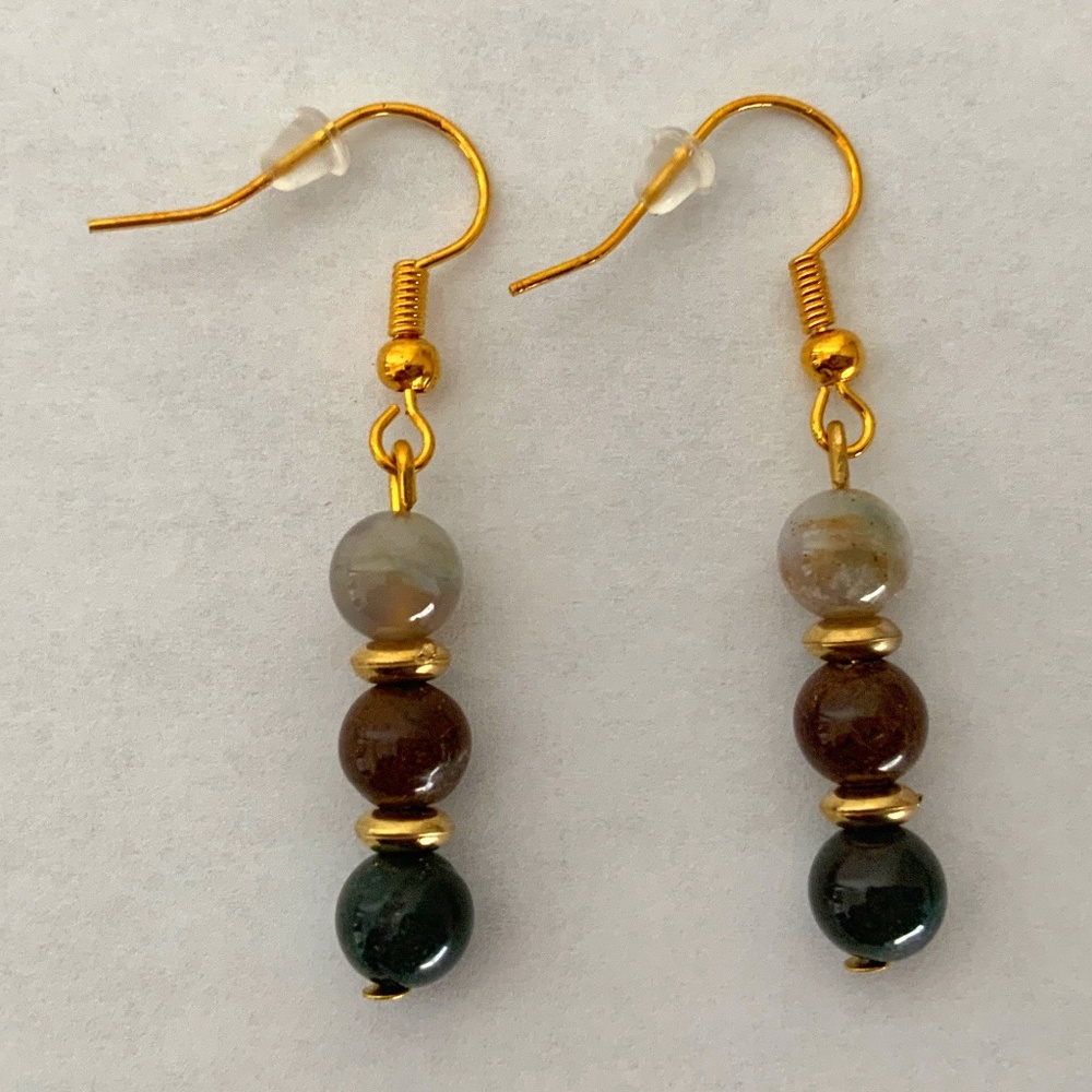 New Handmade Natural Stone Indian Agate Beads Dangle Earrings Gold Color Hooks